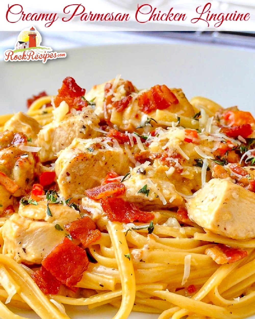 Parmesan Chicken Linguine photo with title text for social media posts.