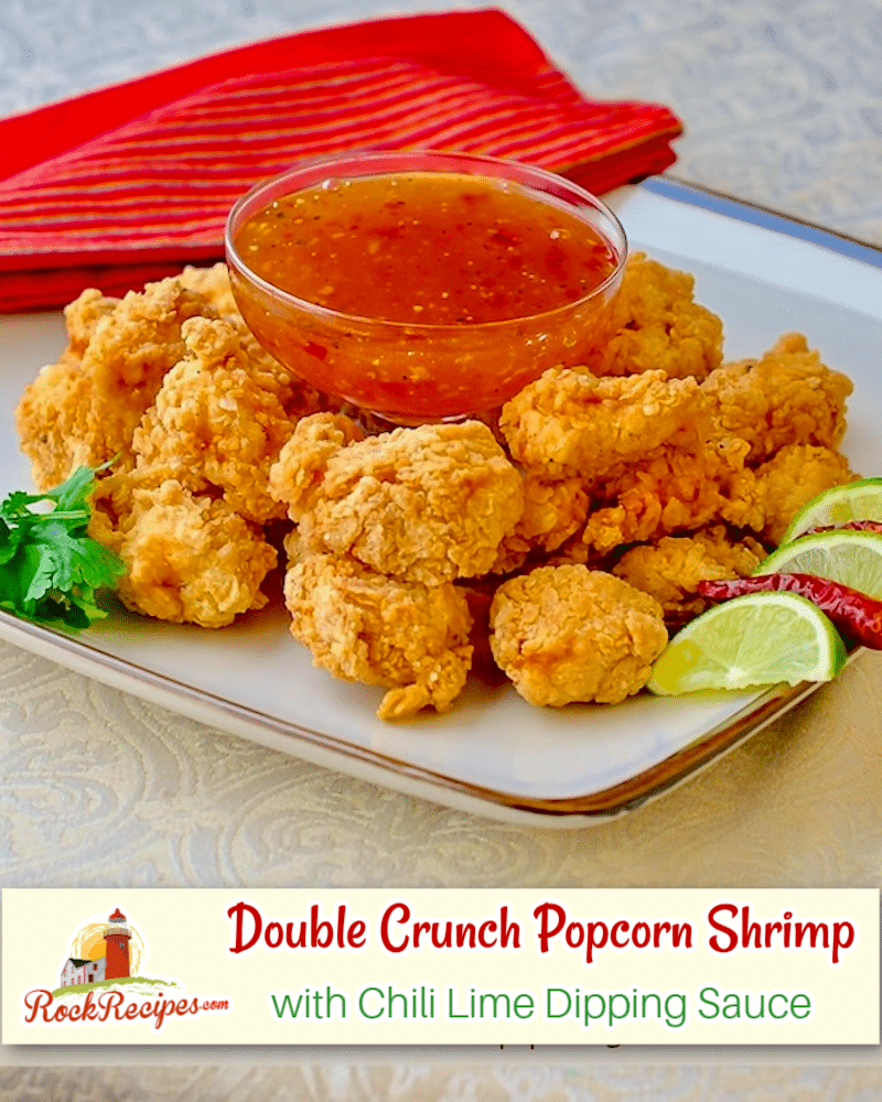 Double Crunch Popcorn Shrimp with Chili Lime Dipping Sauce image with title text for social media posts.