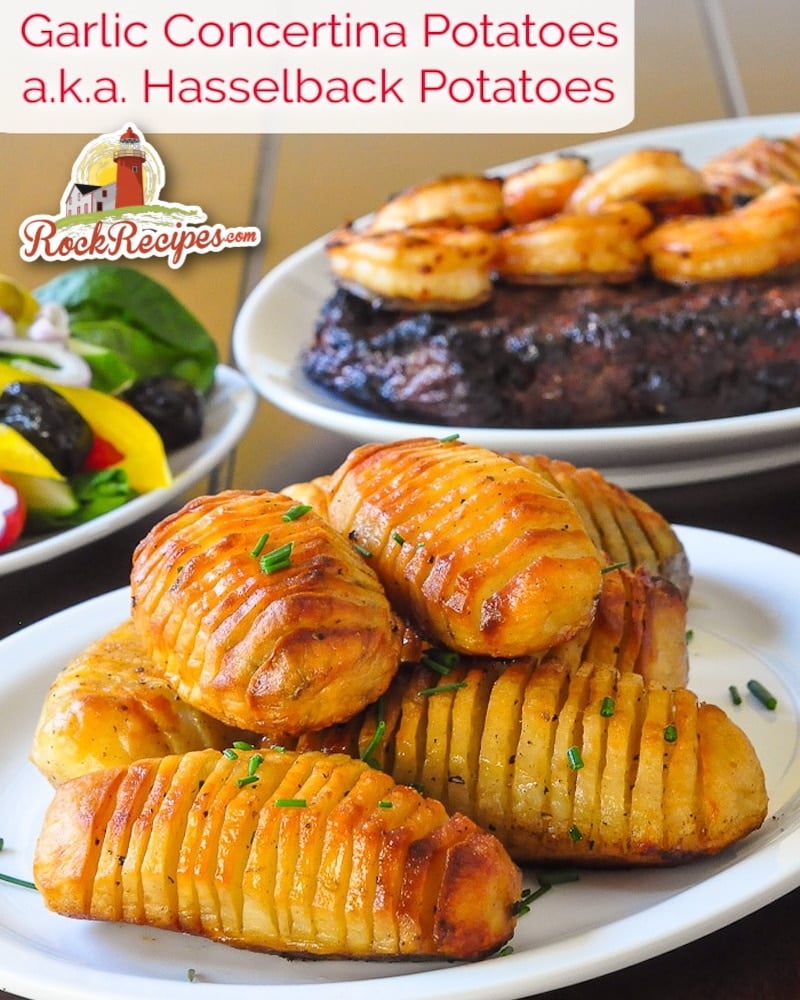 Garlic Concertina Potatoes a.k.a. Hasselback Potatoes photo with title text added for social media posts.