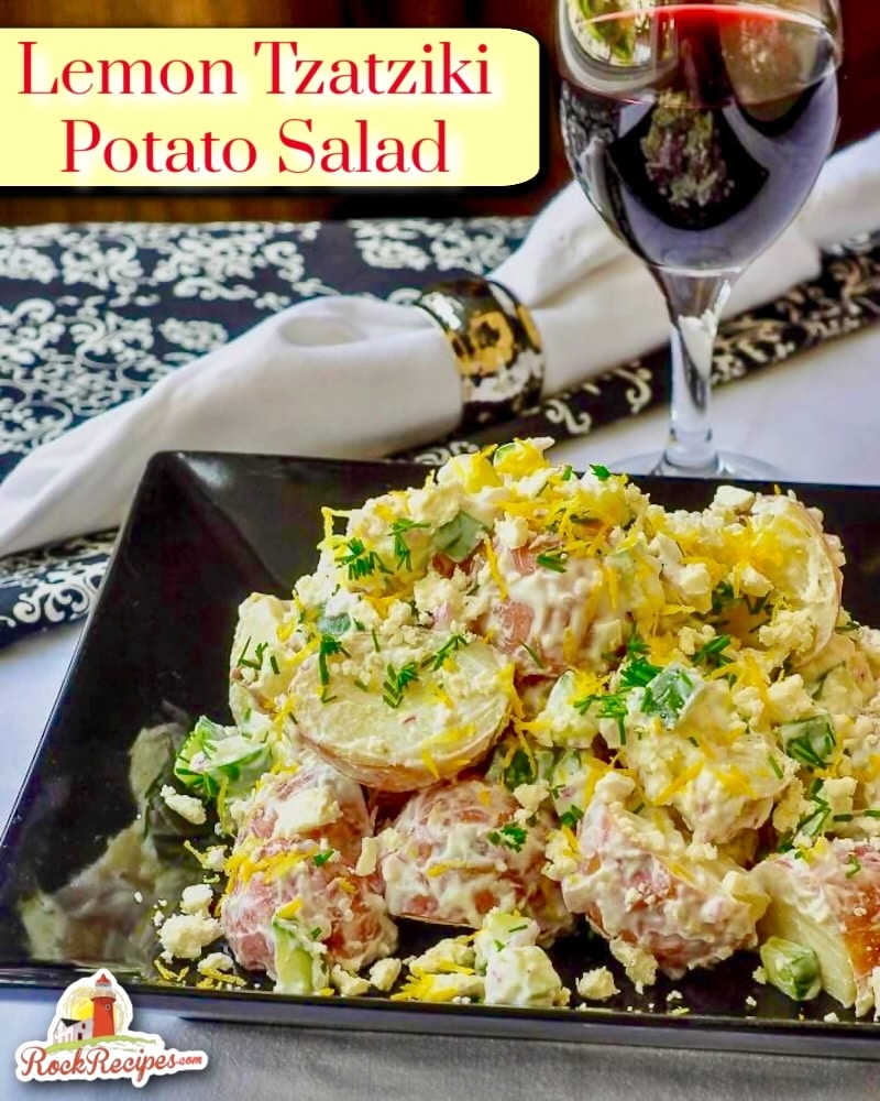 Lemon Tzatziki Potato Salad photo with title text added for social media posts.