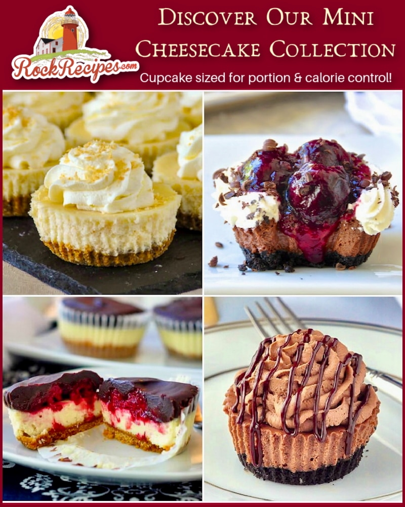 Mini Cheesecake Collection Collage photo with title text and logo added for social media posts.
