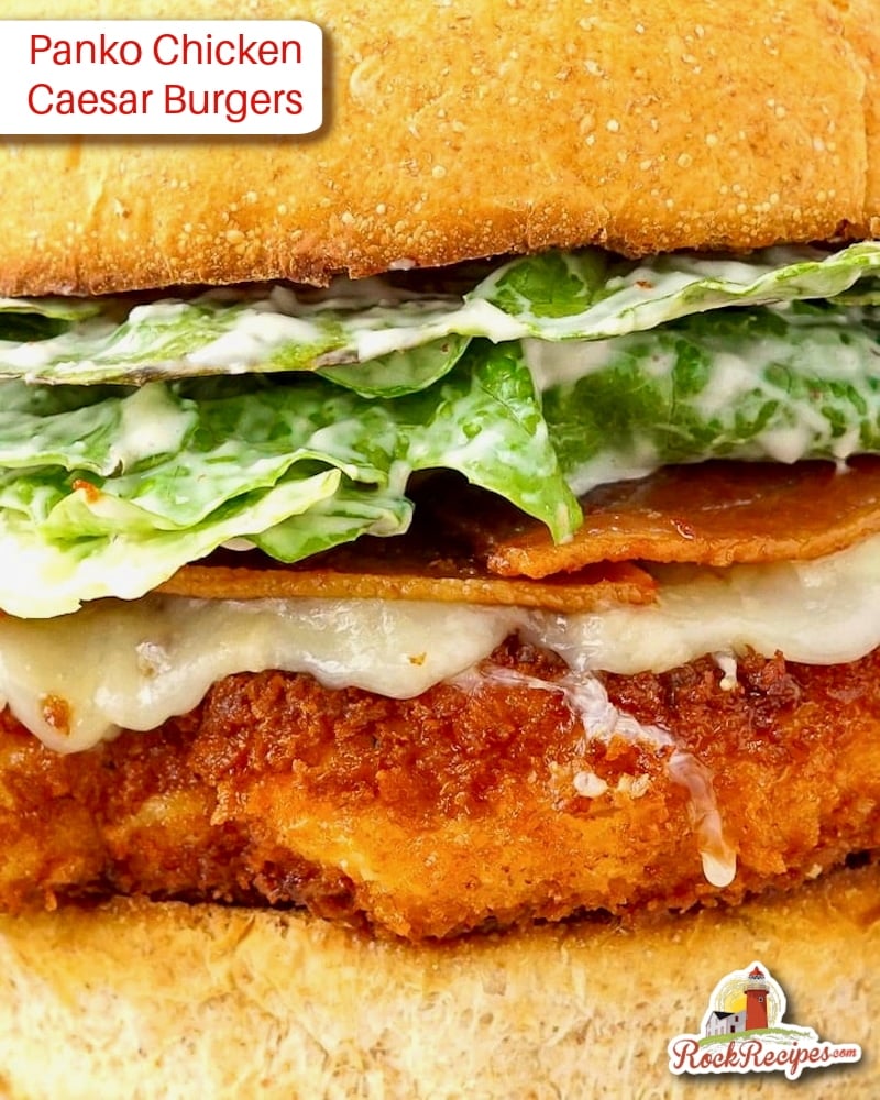 Panko Chicken Caesar Burgers photo with title text and logo added for social media posts