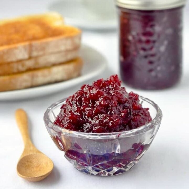 Partridgeberry Apple Jam or Cranberry Apple Jam in a clear crystal bowl