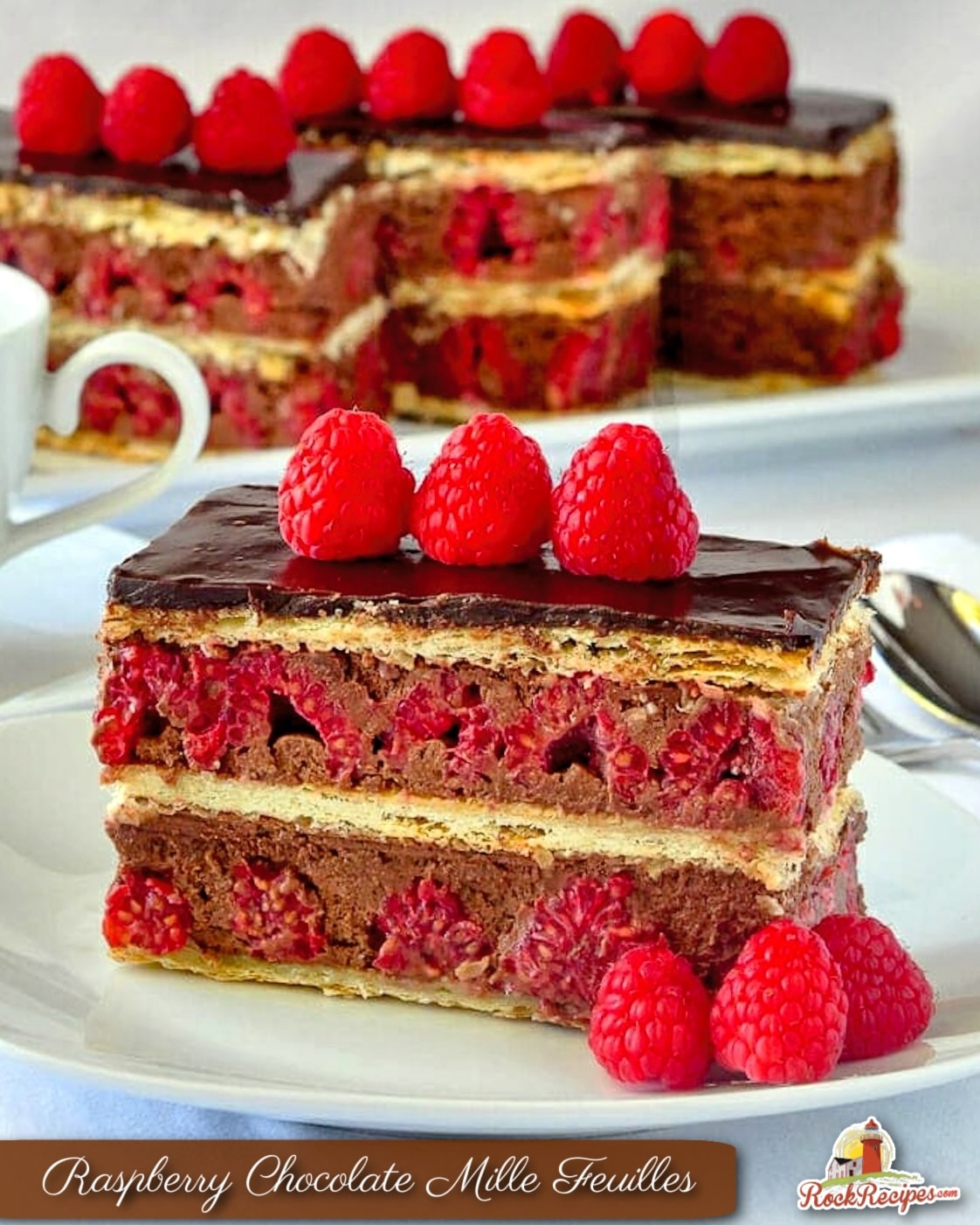 Raspberry Chocolate Mille Feuilles photo with title text for social media posts.