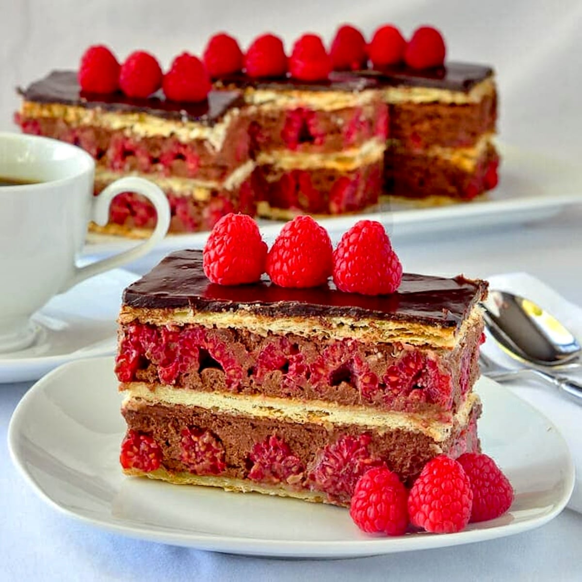 Raspberry Chocolate Mille Feuilles. close up photo of one serving on a white plate.