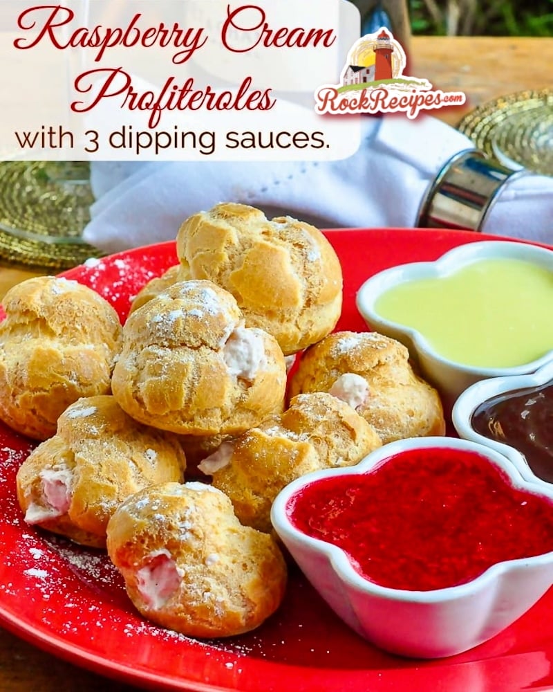Raspberry Cream Profiteroles photo with title text added for social media posts.