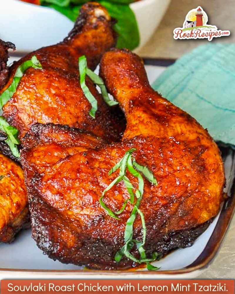 Souvlaki Roast Chicken with Lemon Mint Tzatziki photo with title text added for social media posts.