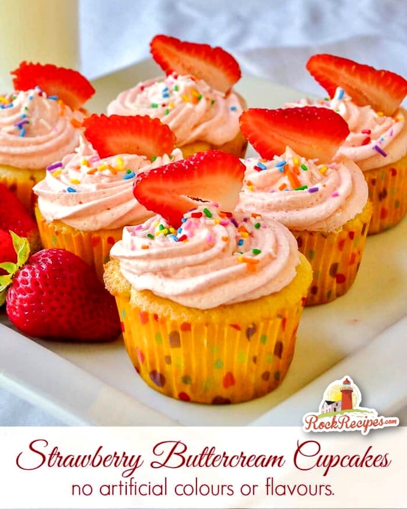 Strawberry Buttercream Cupcakes - no artificial, colours or flavours! photo with title text added for social media posts