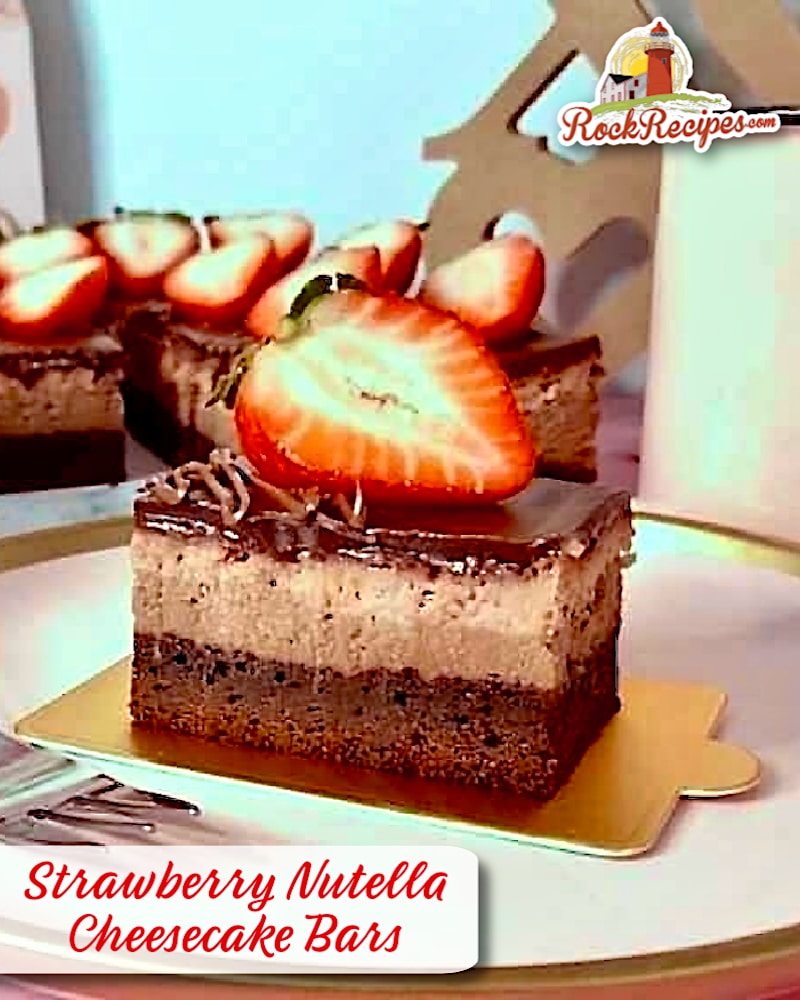 Strawberry Nutella Cheesecake Bars with title text overlay for social media posts.