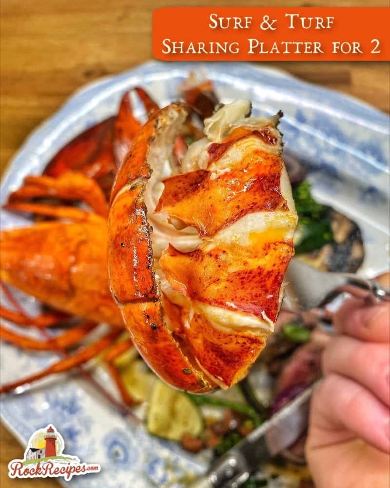Close up photo of a succulent lobster tail with title text added for social media posts