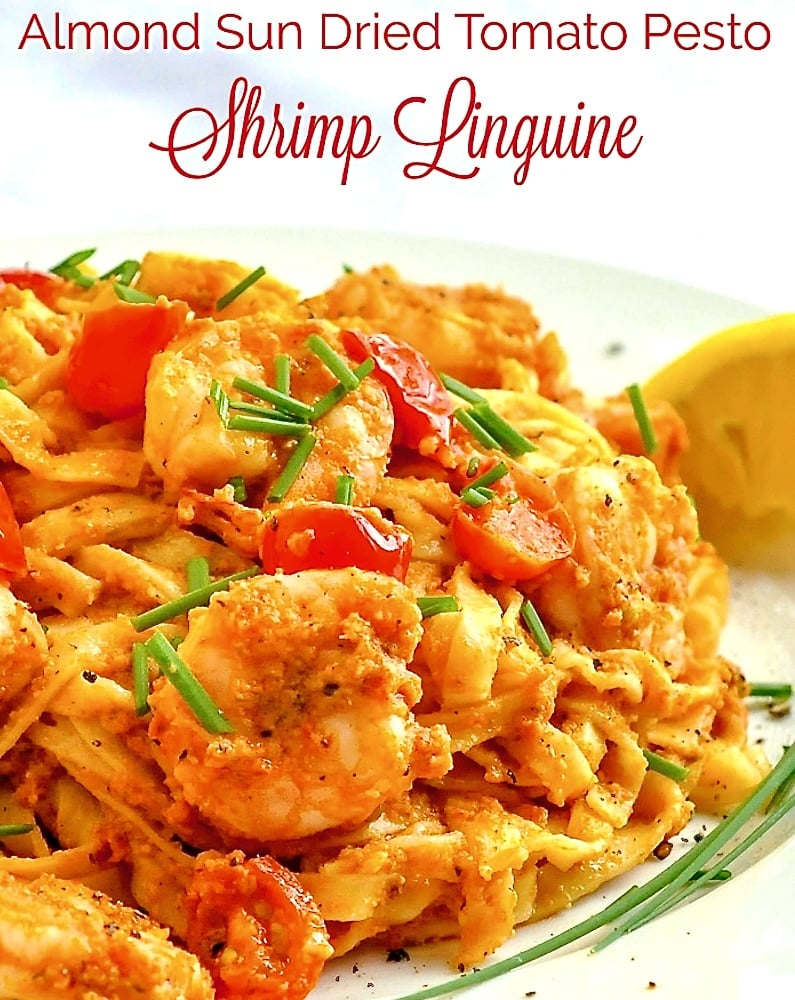 Almond Sun Dried Tomato Pesto Linguine image with title text for social media posts