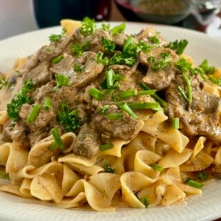 Close up photo of one servoing of Beef Stroganoff.