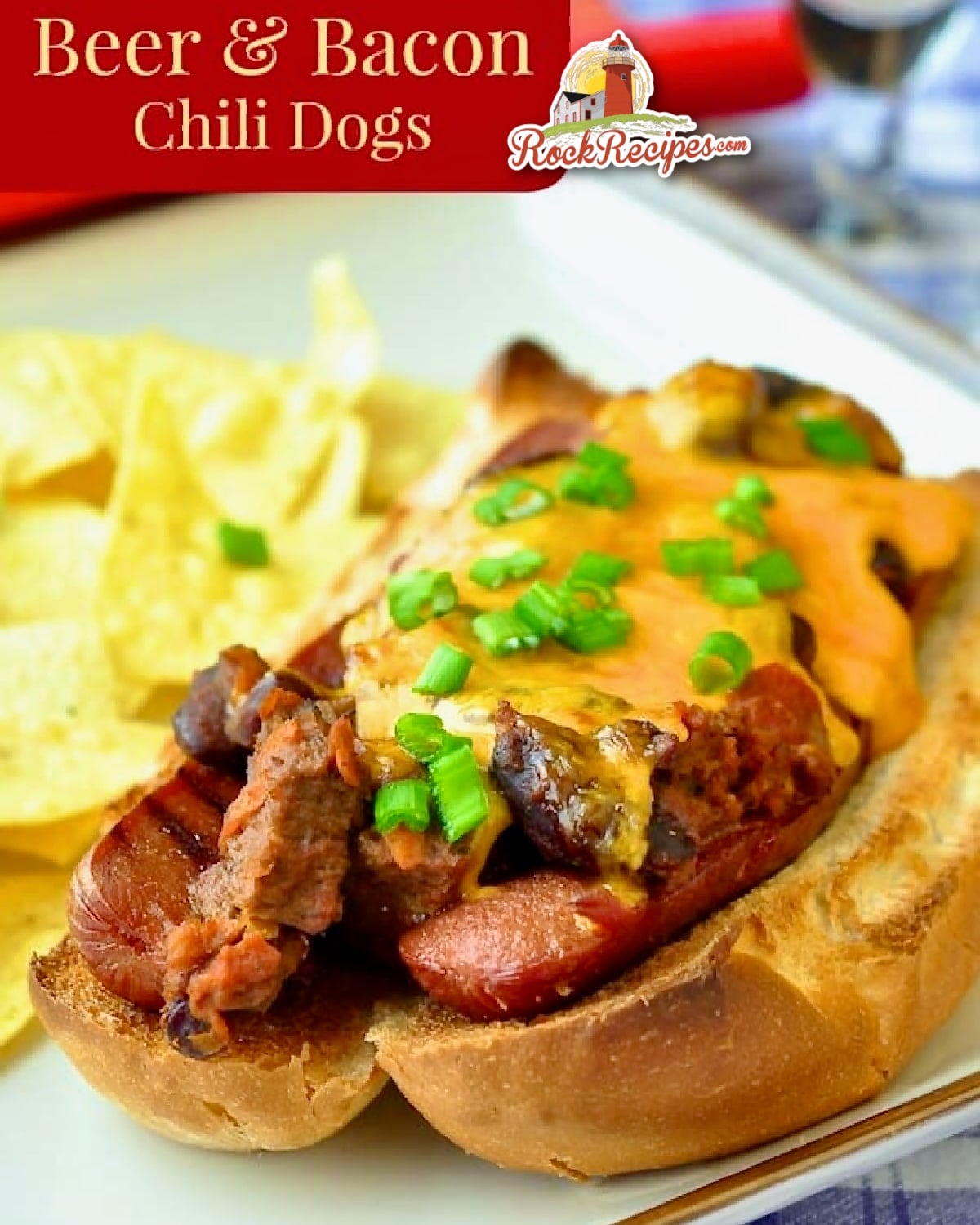 Prime Rib Beer and Bacon Chili Dogs ph0oto with title text added for social media posts.