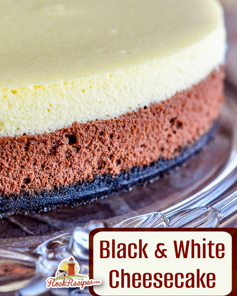 Black and White Cheesecake photo with title text forsocial media posts.