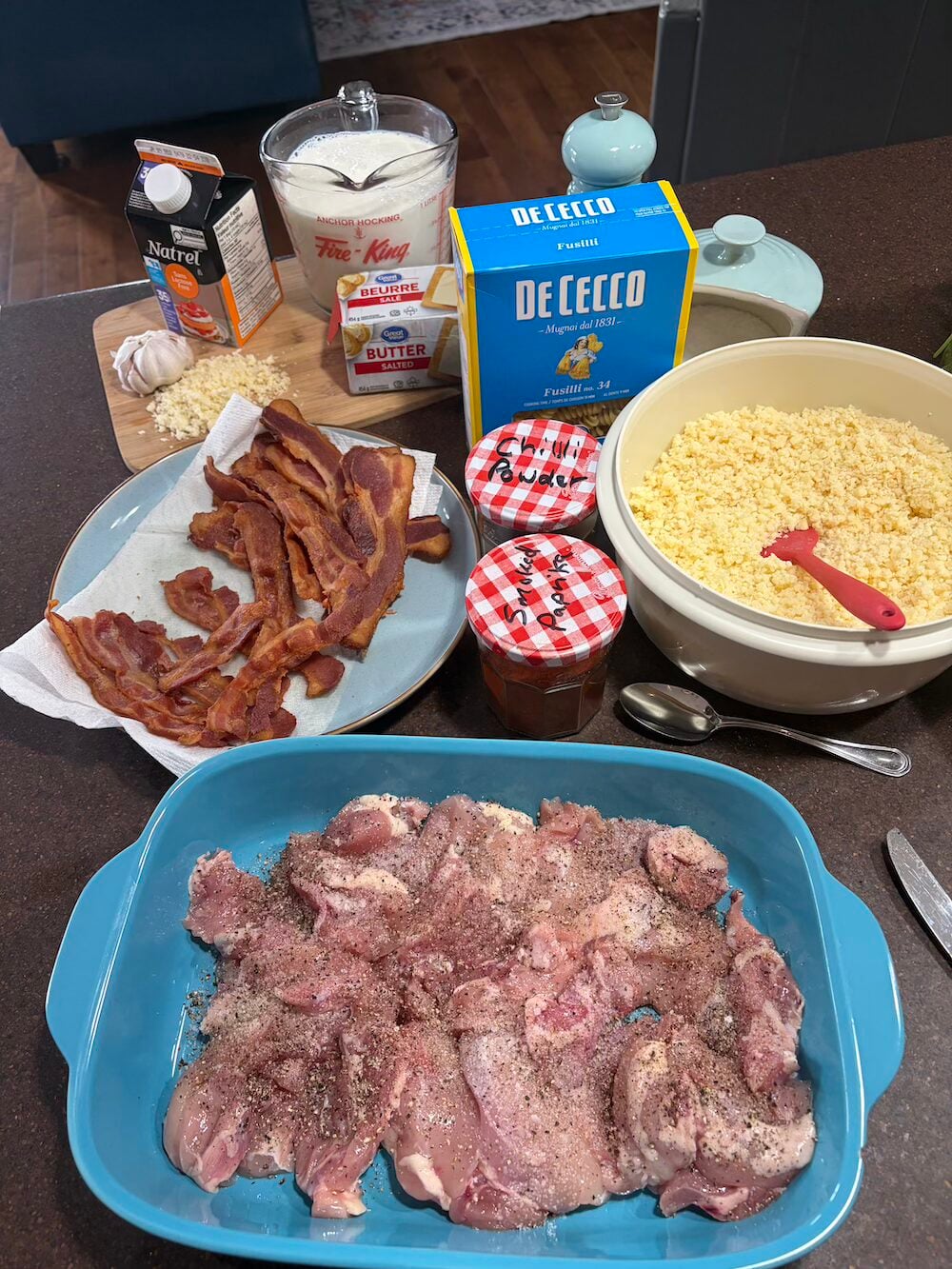 Photo of ingredients for Smoky Chicken Bacon Mac and Cheese.