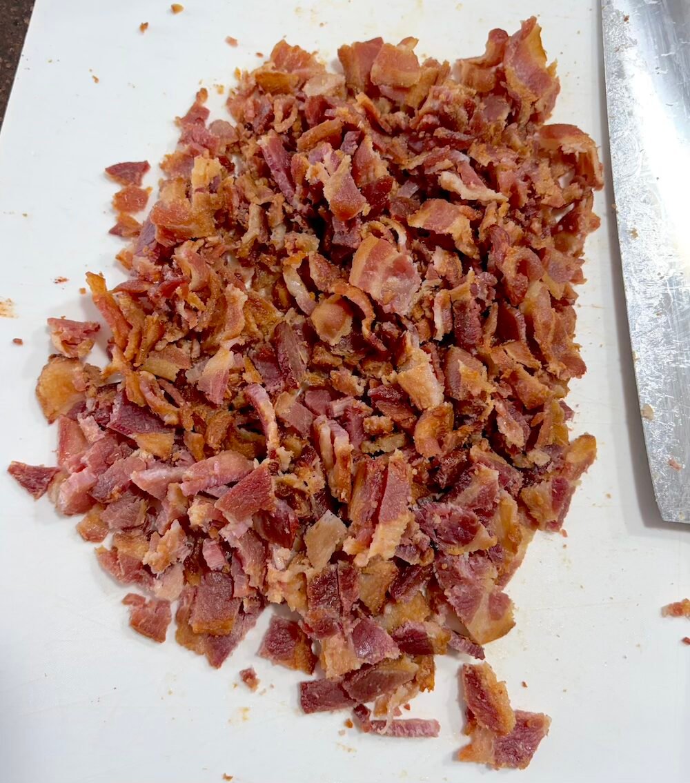 Photo of the cooked chopped bacon.