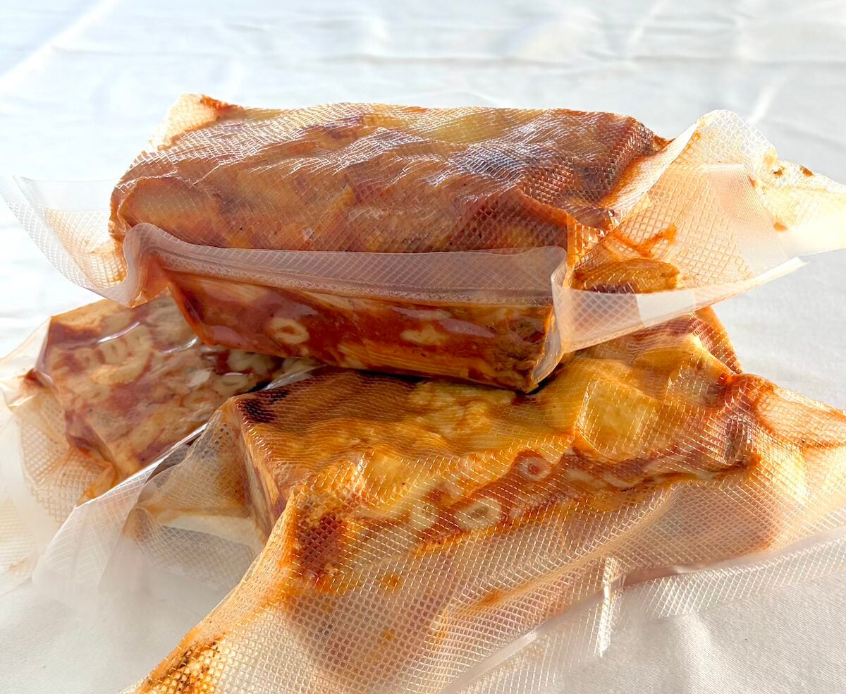 Photo of leftover, vacuum sealed Baked Ziti ready for the freezer.
