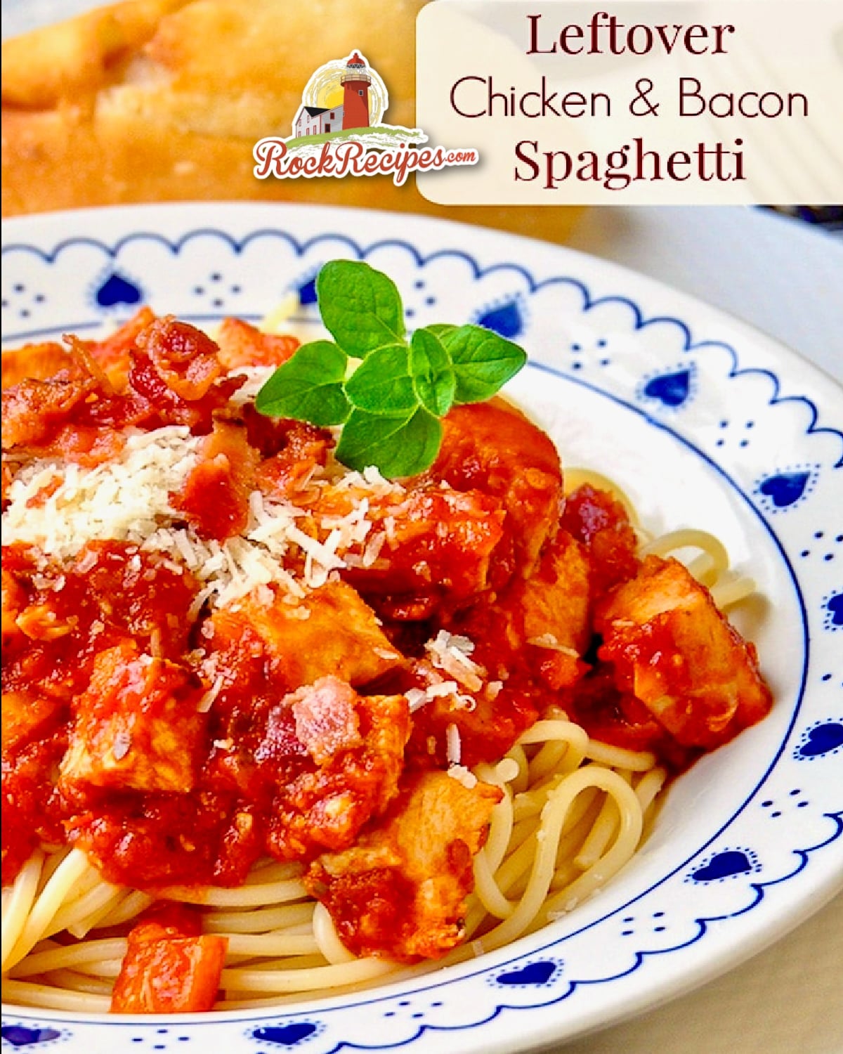 Leftover Chicken Spaghetti with Bacon image with title text for social media posts.