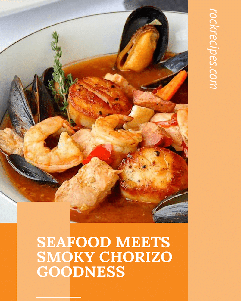 Manhattan Seafood Chowder with Chorizo & Roasted Vegetables - photo with title text added for social media.