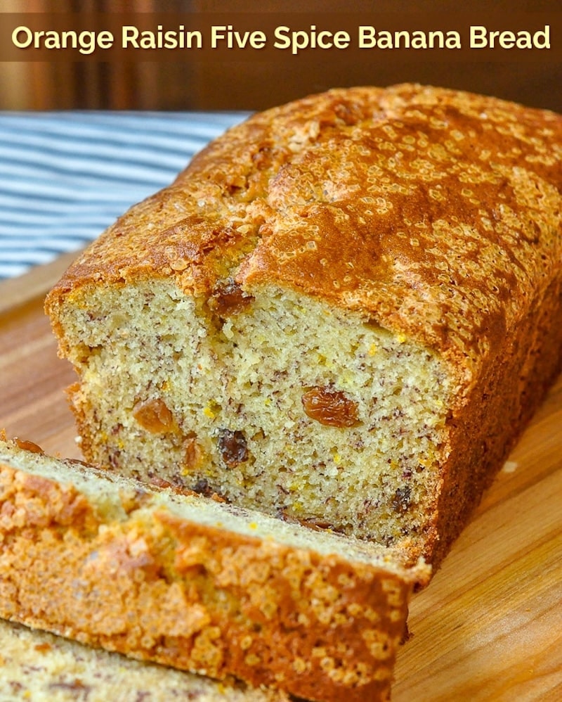 Orange Raisin Five Spice Banana Bread photo with title text for social media posts.