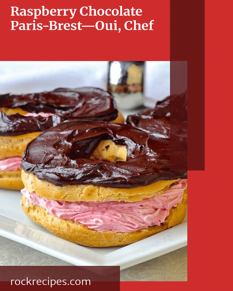 Raspberry Chocolate Paris Brest photo with title text added for social media posts.
