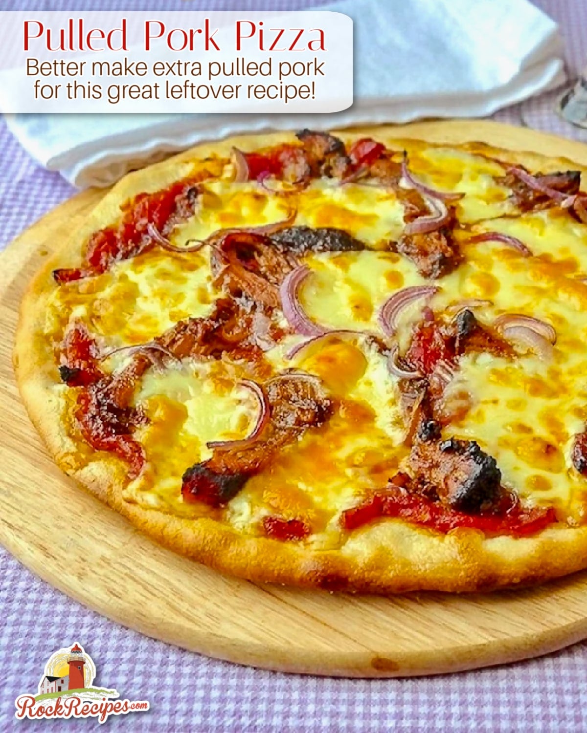 Pulled Pork Pizza image with title text for social media posts