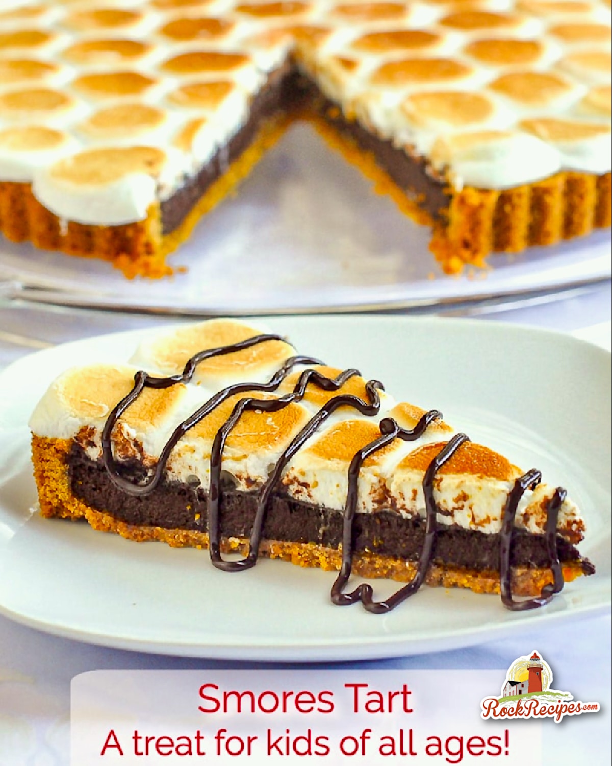 Smores Tart photo of a single slice on a white plate with title text added for social media posts.