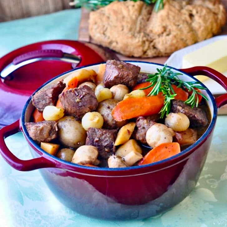 St. John's Stout Stew photo of stew in a cast iron pot.