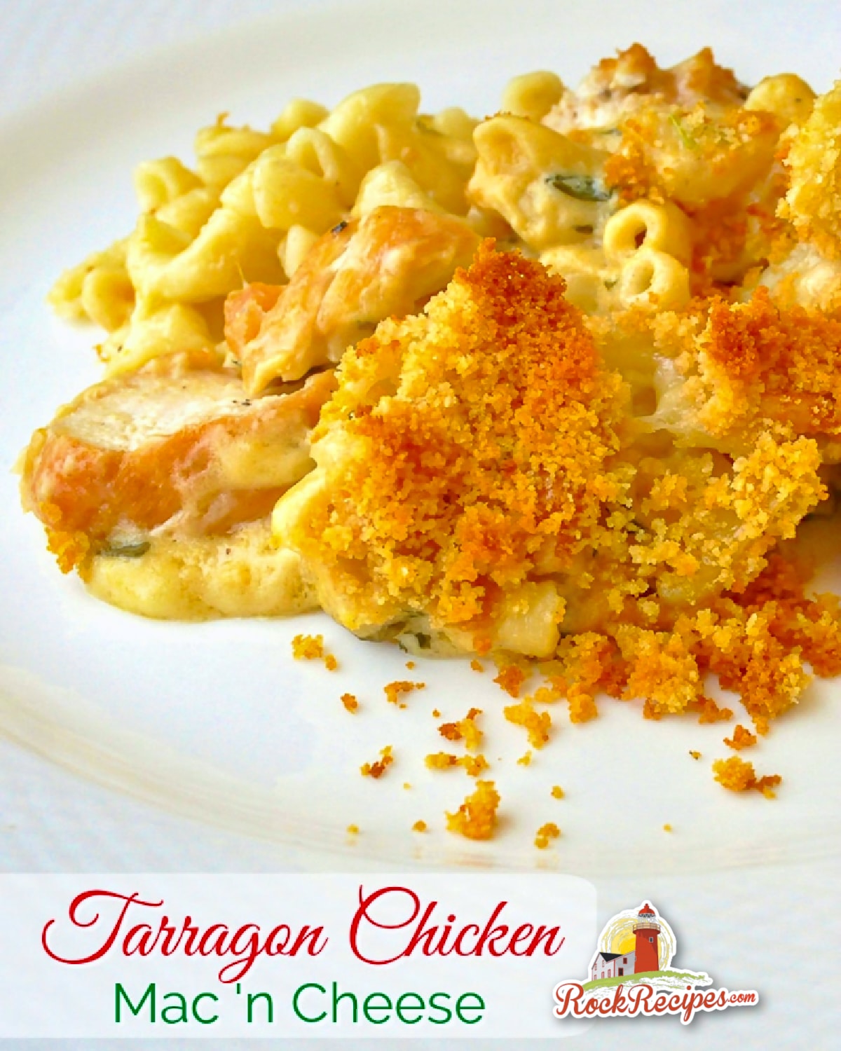 Tarragon Chicken Mac and Cheese photo with title text for social media posts.