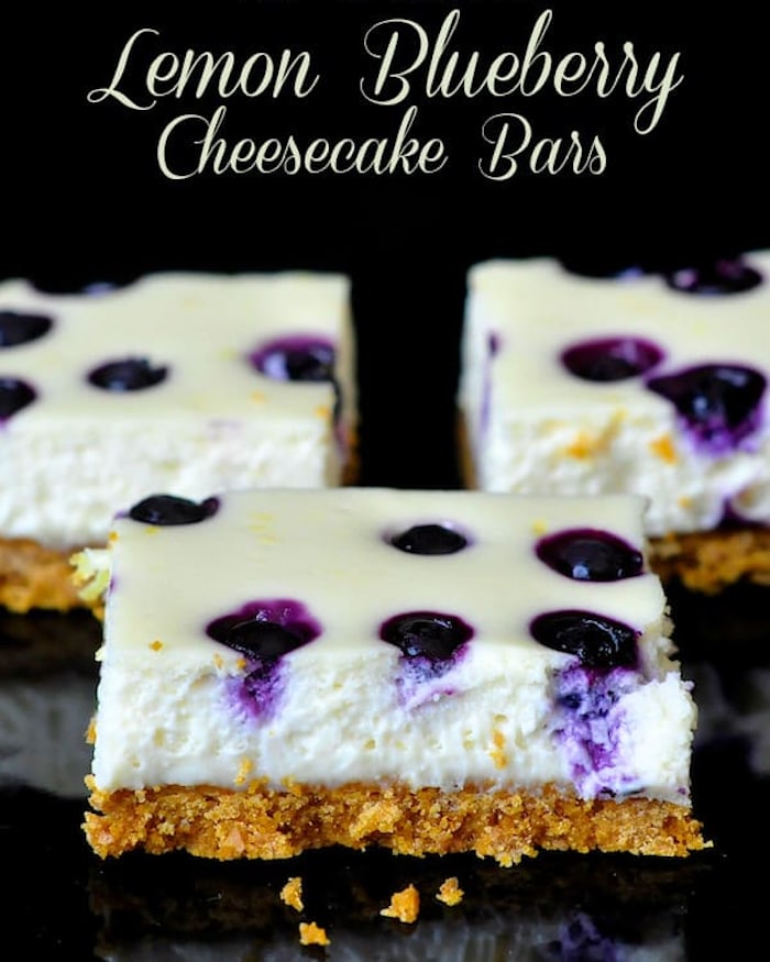 Lemon Blueberry Cheesecake Bars with title text added for social media posts.
