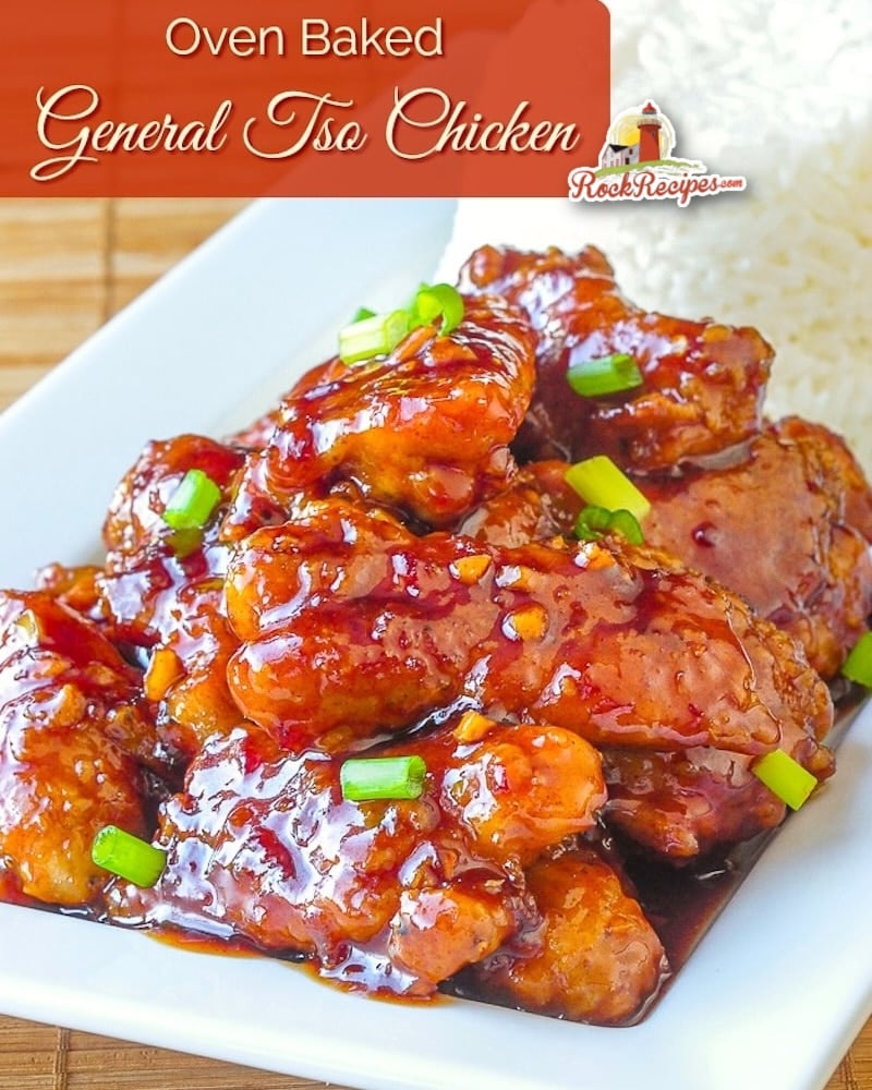 Oven Baked General Tso Chicken photo with title text added for social media posts.