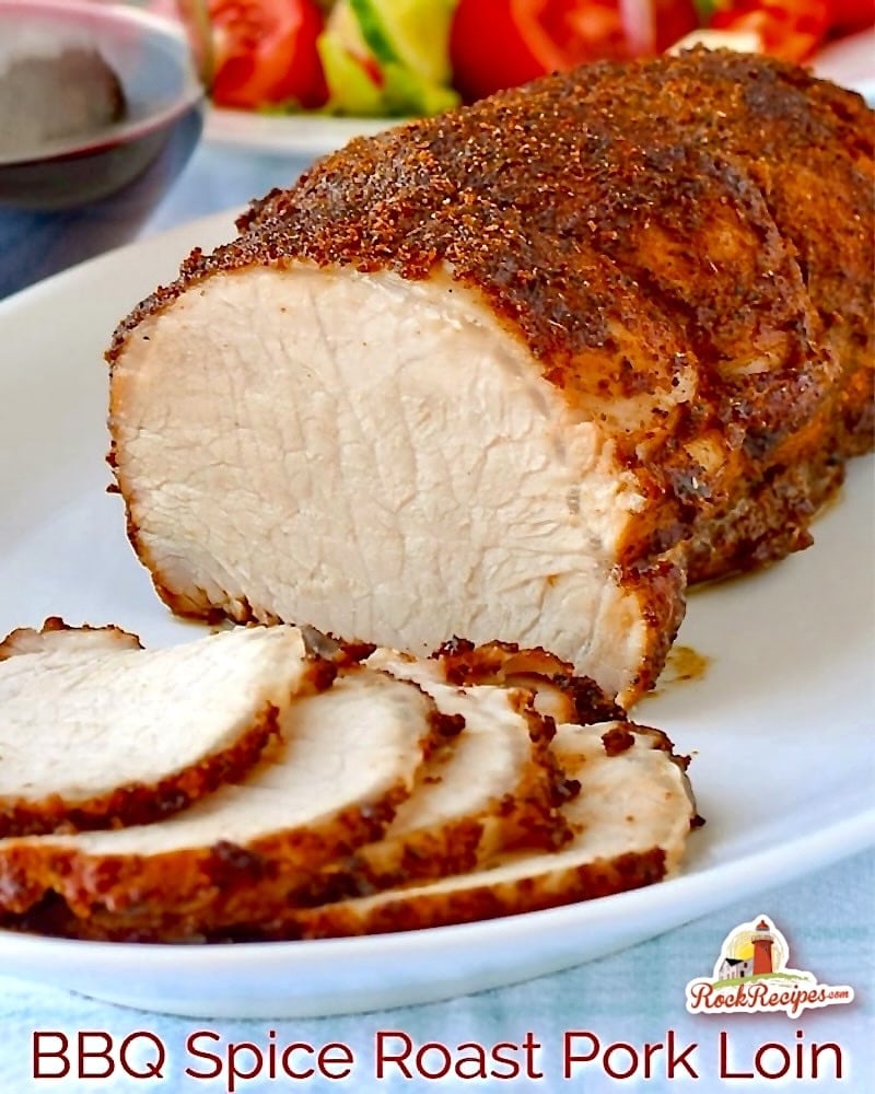 Brined Roast Pork Loin photo with title text added for social media posts.