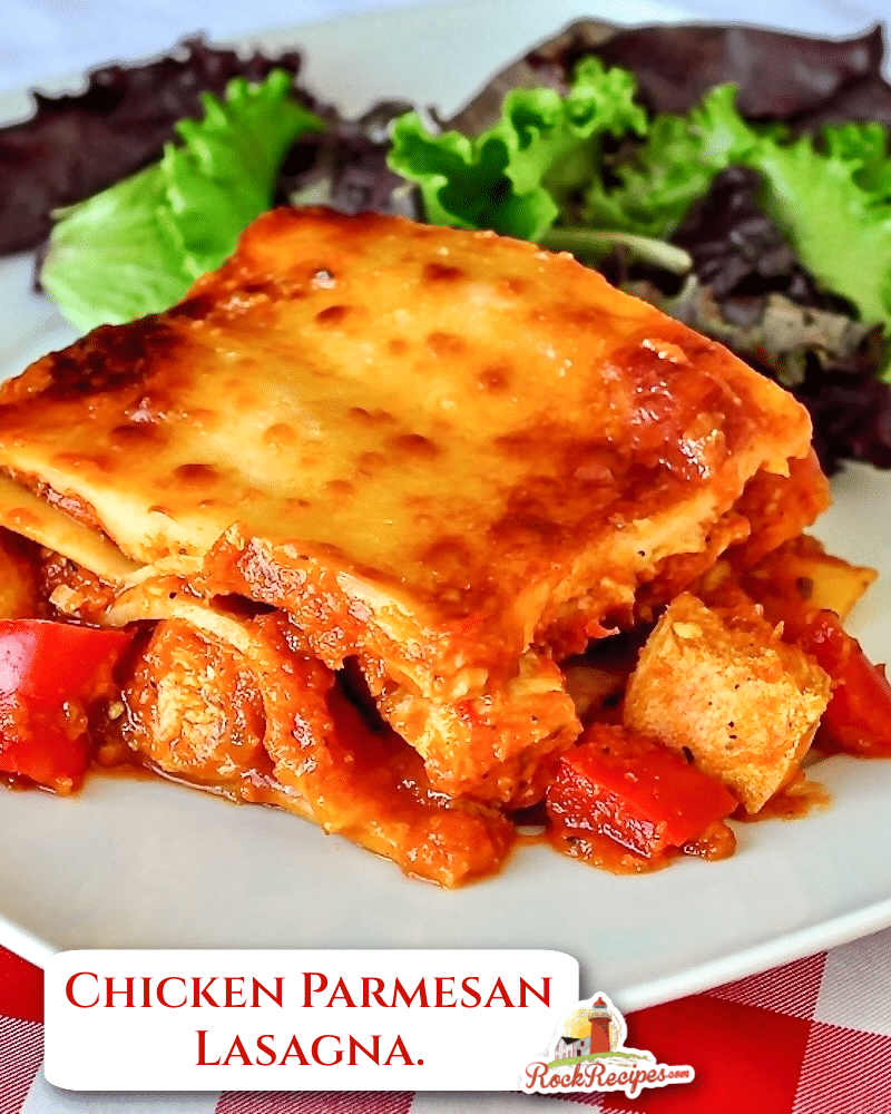 Chicken Parmesan Lasagna. photo with title text added for social media posts.