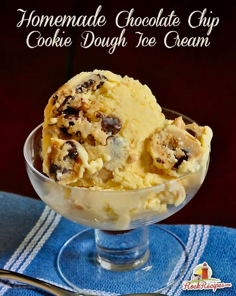 Chocolate Chip Cookie Dough Ice Cream photo wit title text added for social media posts.