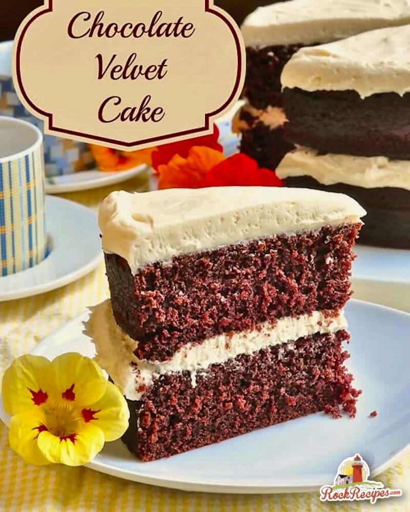 Chocolate Velvet Cake, photo with title text added for social media posts.