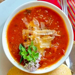 Chunky Tomato Oregano Soup, overhead photo of one serving g=for Google featured images.
