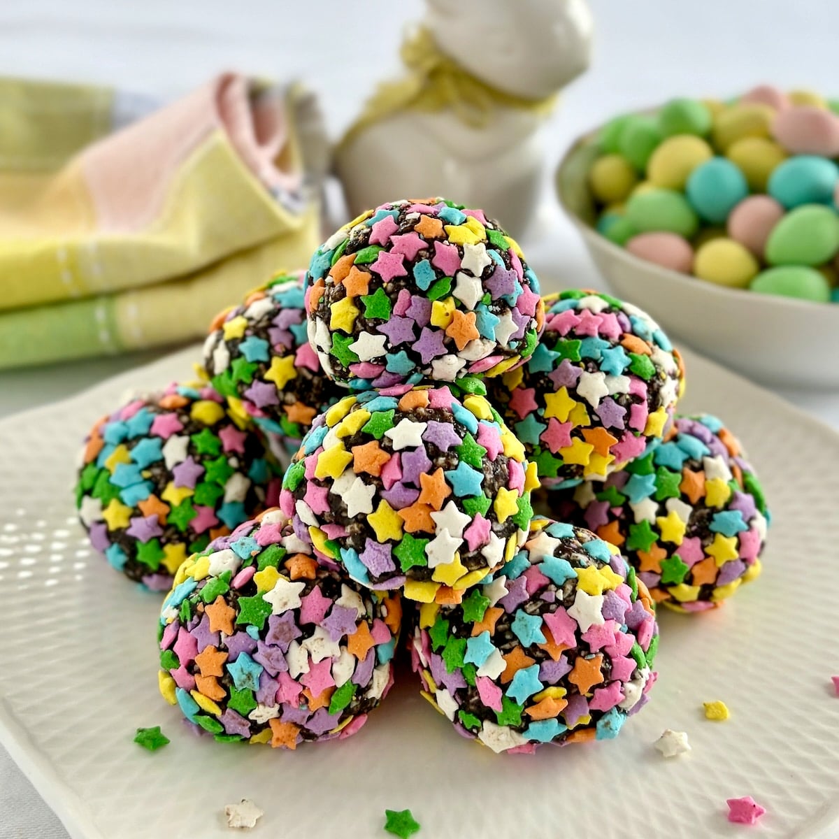 Photo of uncut Easter Bunny Farts stacked on a white plate.