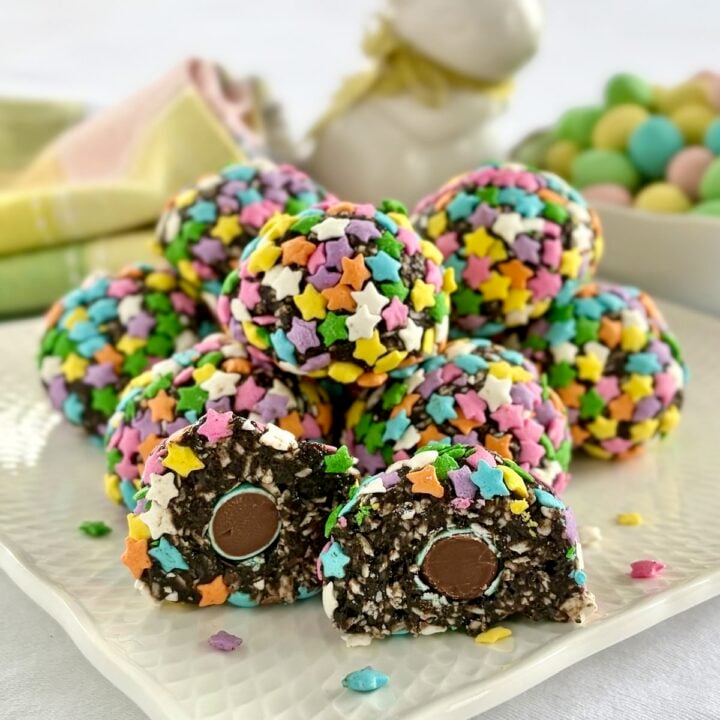 Photo of centre cut Easter Bunny Farts stacked on a white plate.