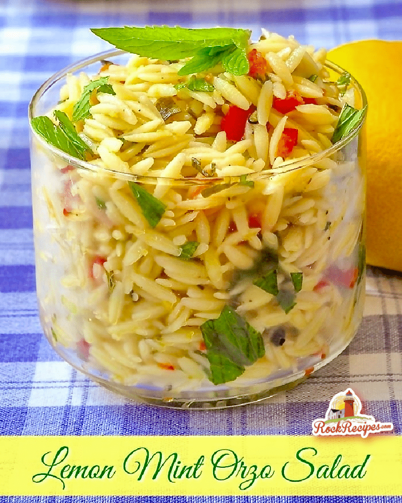 Lemon Mint Orzo Salad photo with title text added for social media posts.