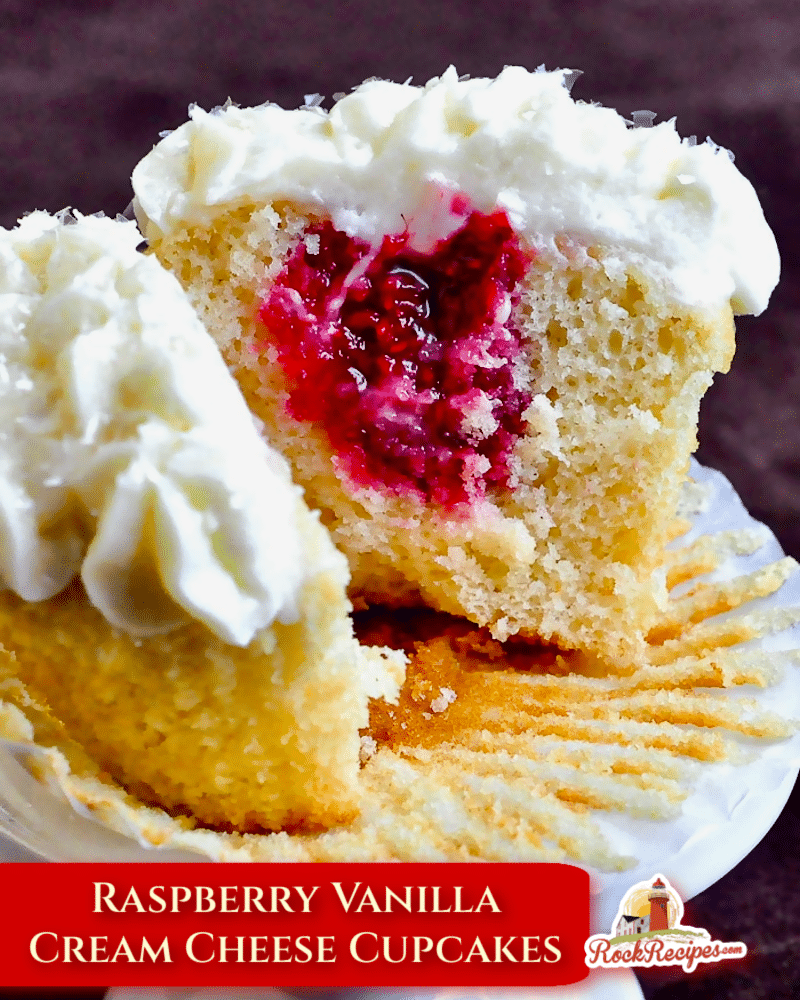 Raspberry Vanilla Cream Cheese Cupcakes on a white pedestal with title text added for social media posts.