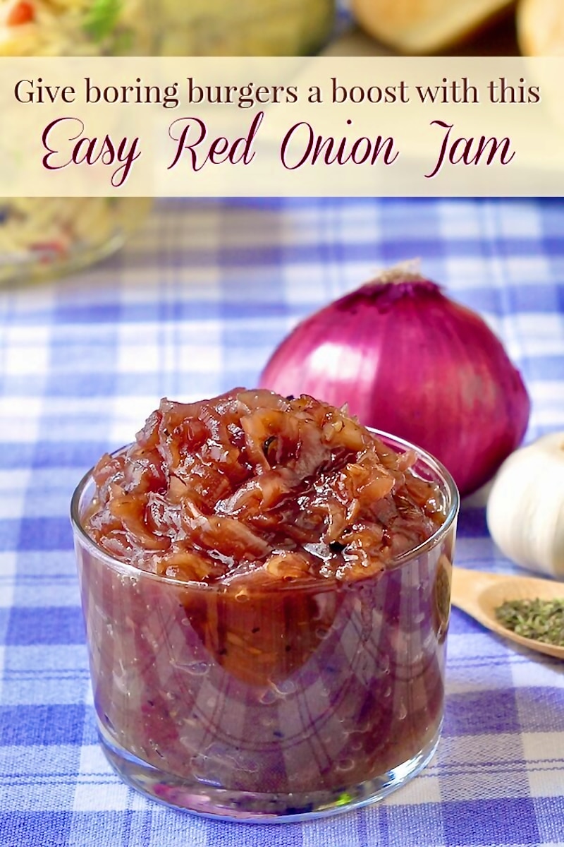 Red Onion Jam phot with title text added for Pinterest.