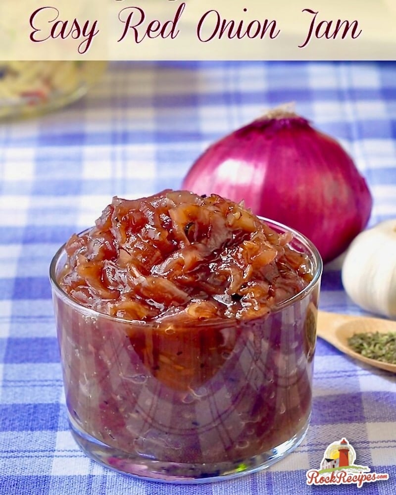Red Onion Jam phot with title text added for social media posts.
