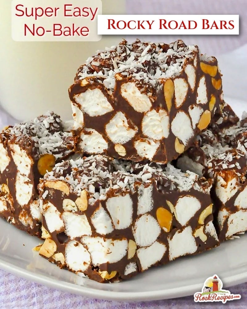 Peanut Butter Rocky Road Bars photo of stacked cookie bars with title text added for social media posts.