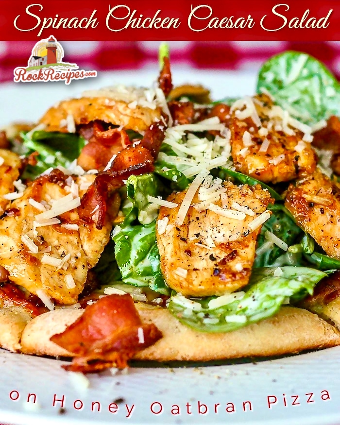 Spinach Caesar Salad photo with title text for social media posts.