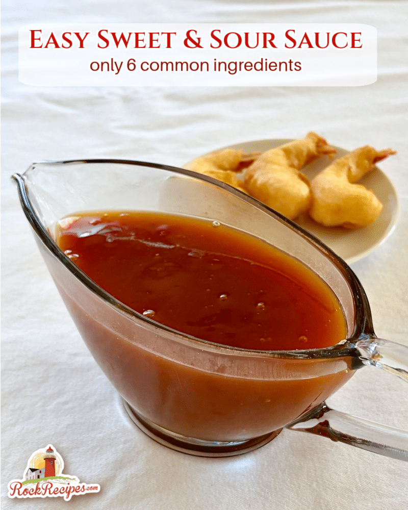 Photo of a sauce boat of sweet and sour sauce with title text added for social media posts.