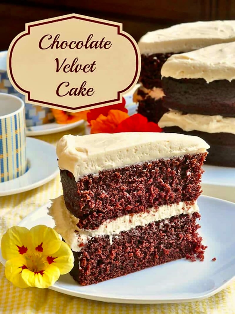 Chocolate Velvet Cake, photo with title text added for Pinterest