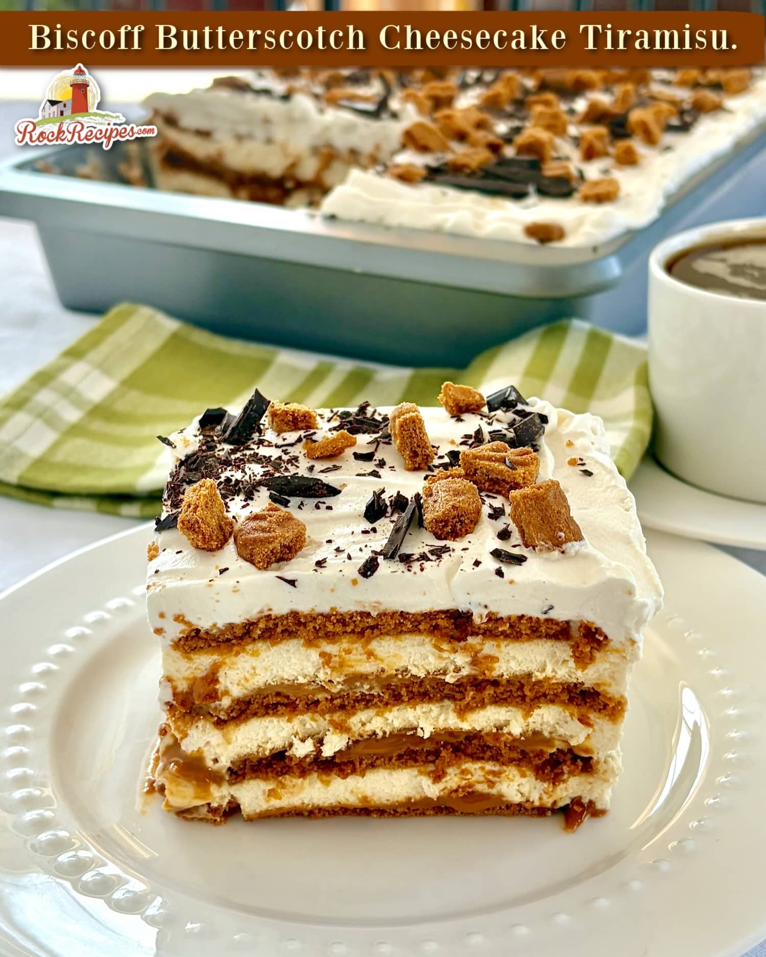 Biscoff Butterscotch Cheesecake Tiramisu photo with title text added for social media posts