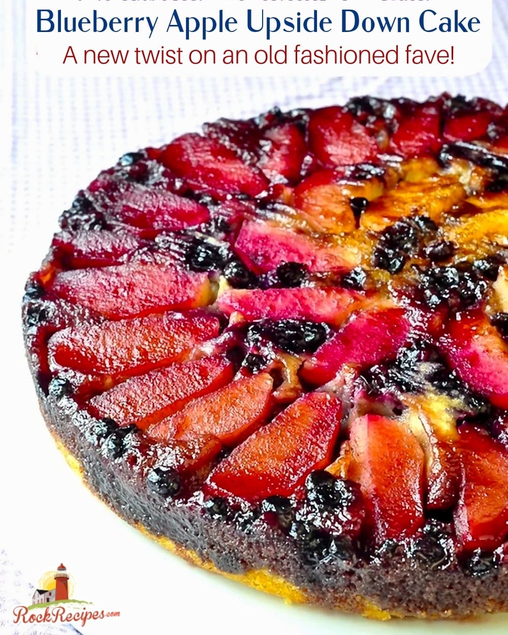 Blueberry Apple Upside Down Cake with title text added for social media posts.