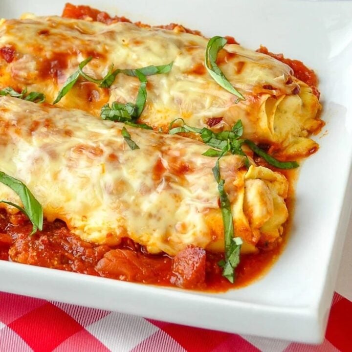 Chicken Cannelloni Margherita close up photo of one serving on a whit plate.