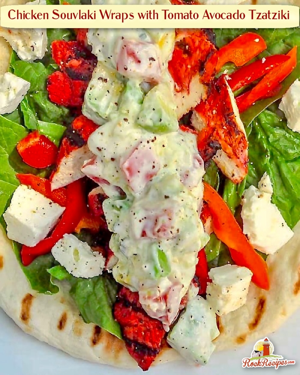 Chicken Souvlaki Wraps with Tomato Avocado Tzatziki photo if ione wrap with title text added for social media posts.